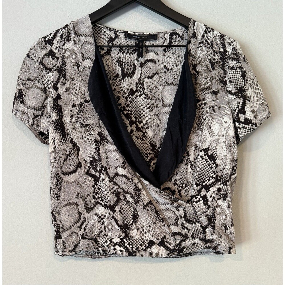 BCBG Max Azria Alvie Wrap Top Small 100% Silk Snakeskin Tuxedo Crop